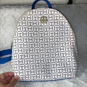 Tommy Hilfiger Blue and White Backpack with Geometric Design